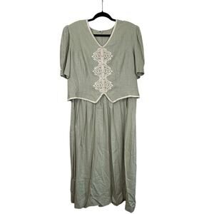 Vintage Plaza South Linen Dress 16 Sage Green Embroidered Midi Peplum